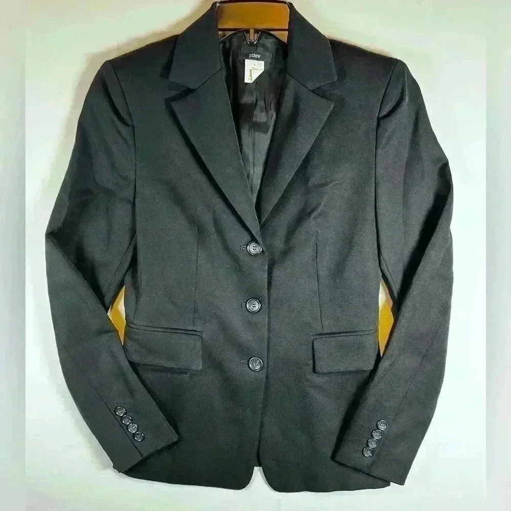 J Crew womens size 0 wool 3 button blazer jacket black classy‎ business tailored